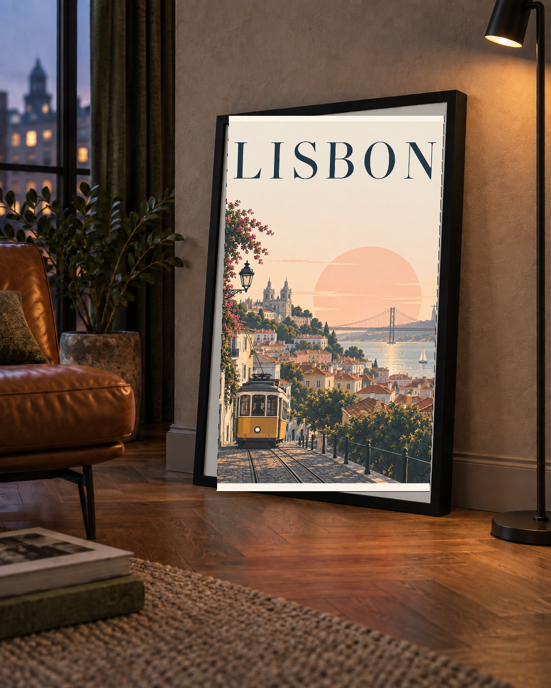 Lizbon Şehir Manzaralı Renkli Romantik Tramvay Poster