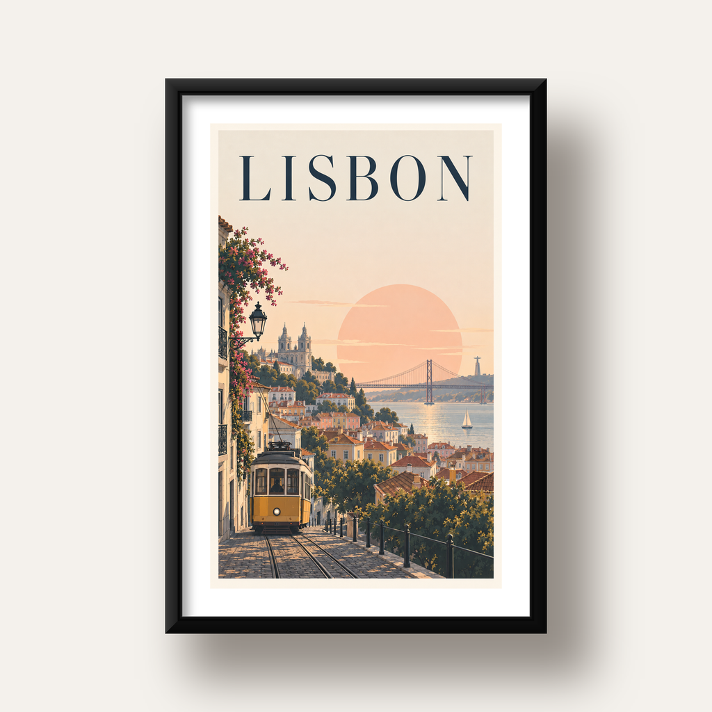 Lizbon Şehir Manzaralı Renkli Romantik Tramvay Poster — siyah derin çerçeveli paspartulu