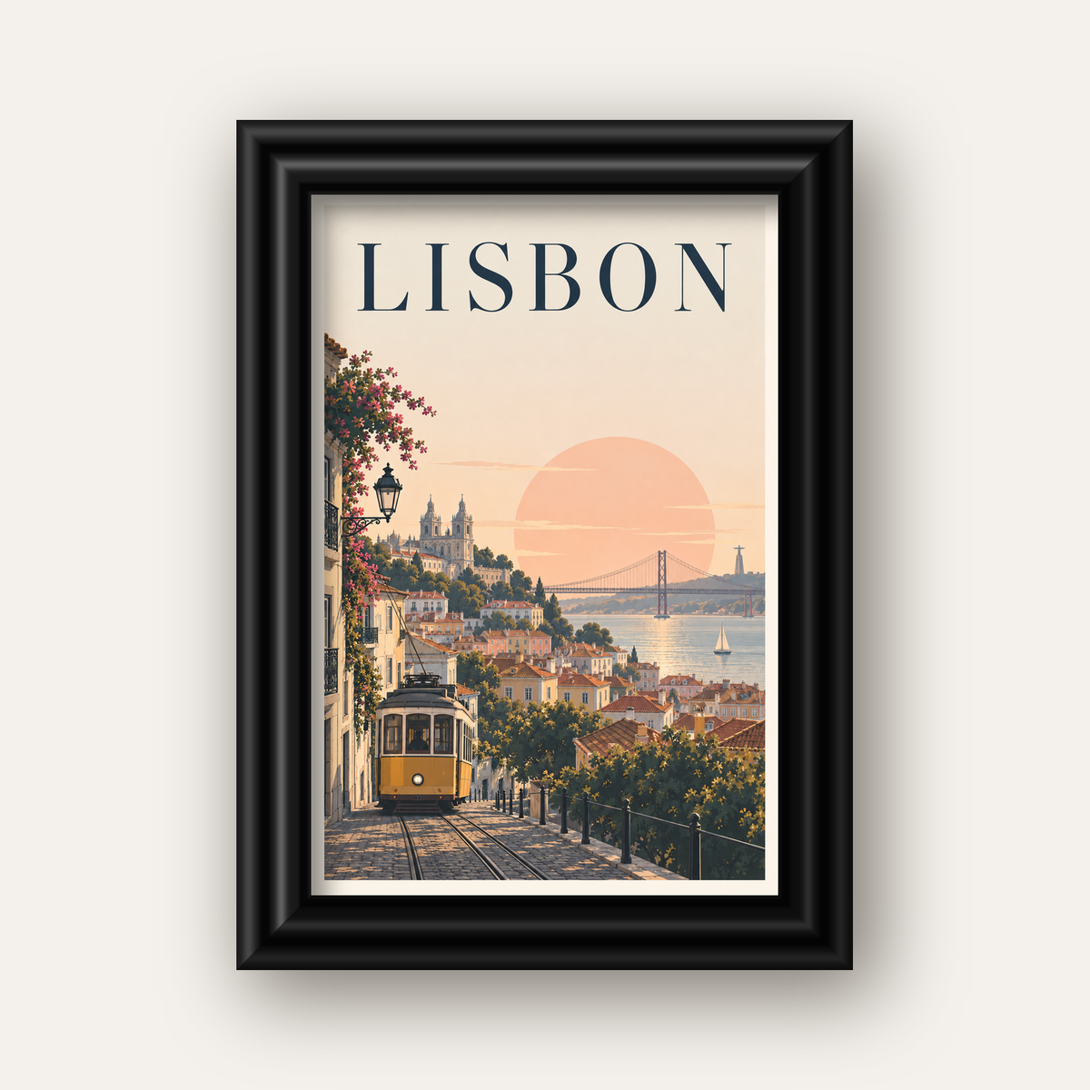 Lizbon Şehir Manzaralı Renkli Romantik Tramvay Poster — siyah galeri çerçeveli
