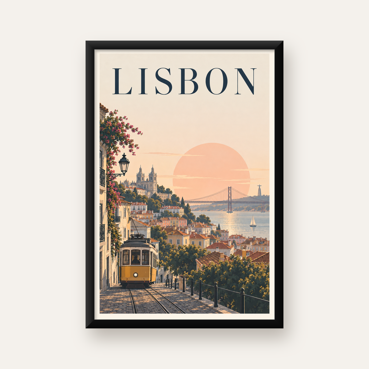 Lizbon Şehir Manzaralı Renkli Romantik Tramvay Poster — Dikey baskı, düz siyah çerçeveli duvar posteri