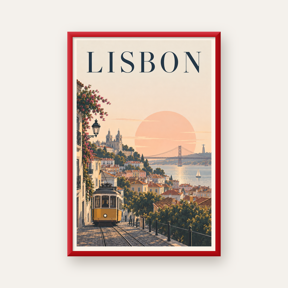 Lizbon Şehir Manzaralı Renkli Romantik Tramvay Poster — kırmızı çerçeveli
