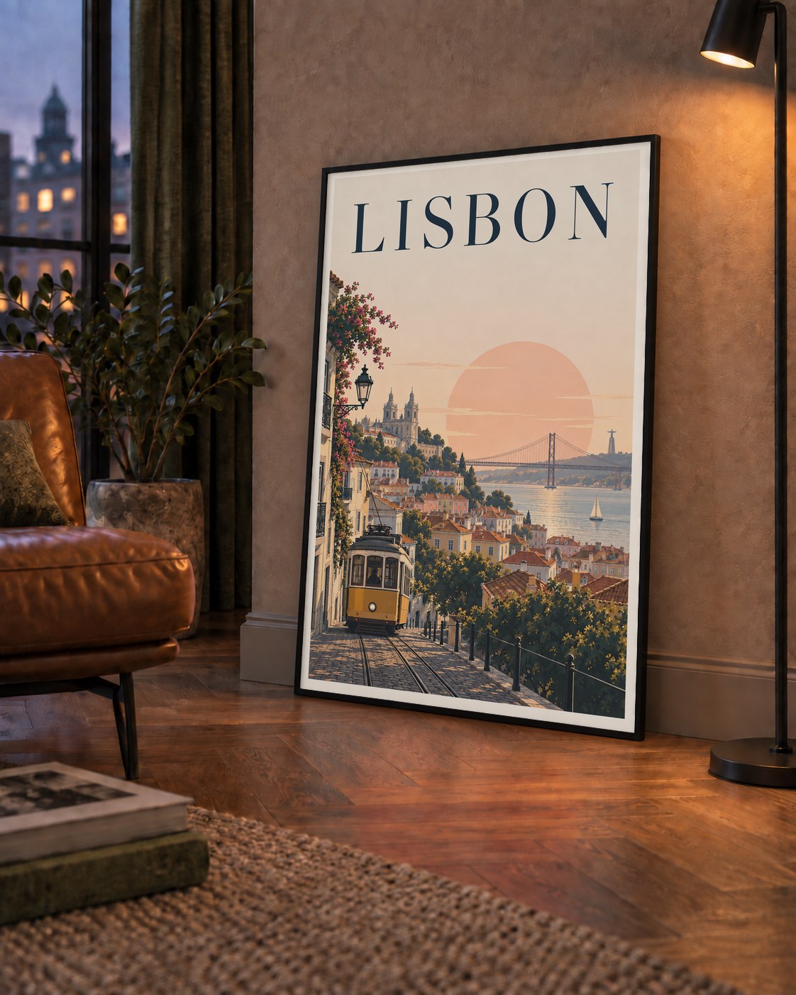 Lizbon Şehir Manzaralı Renkli Romantik Tramvay Poster — çerçeveli hâliyle bir ev duvarında