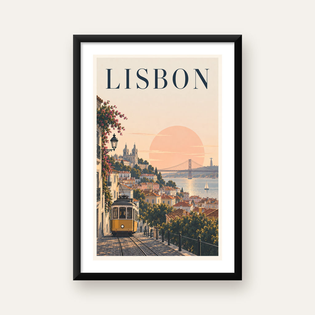 Lizbon Şehir Manzaralı Renkli Romantik Tramvay Poster — Dikey baskı, beyaz paspartulu