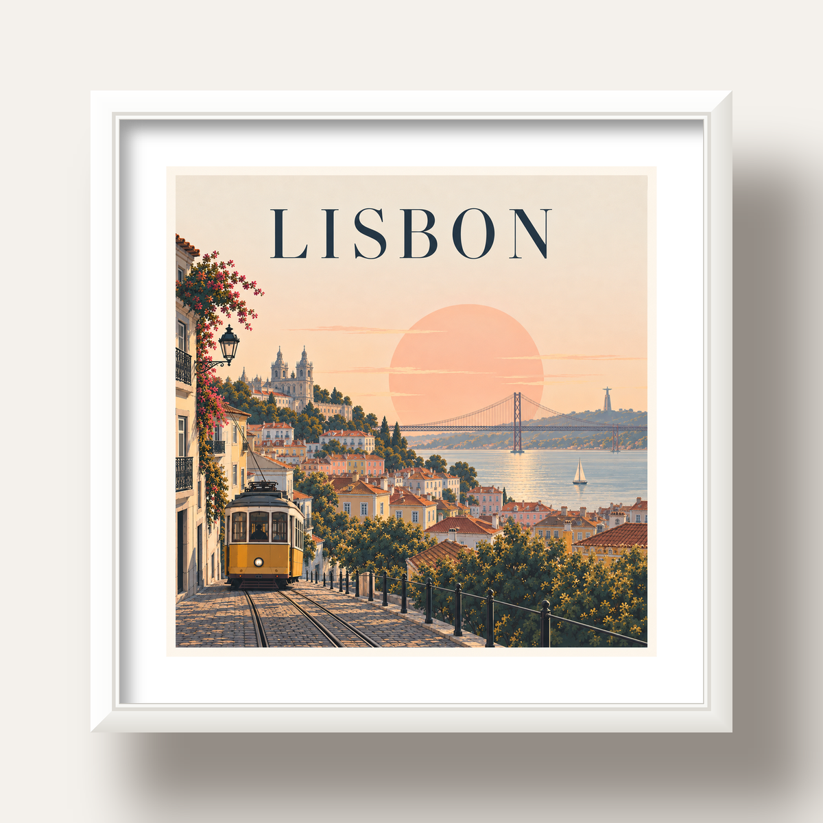 Lizbon Şehir Manzaralı Renkli Romantik Tramvay Poster — beyaz derin çerçeveli paspartulu