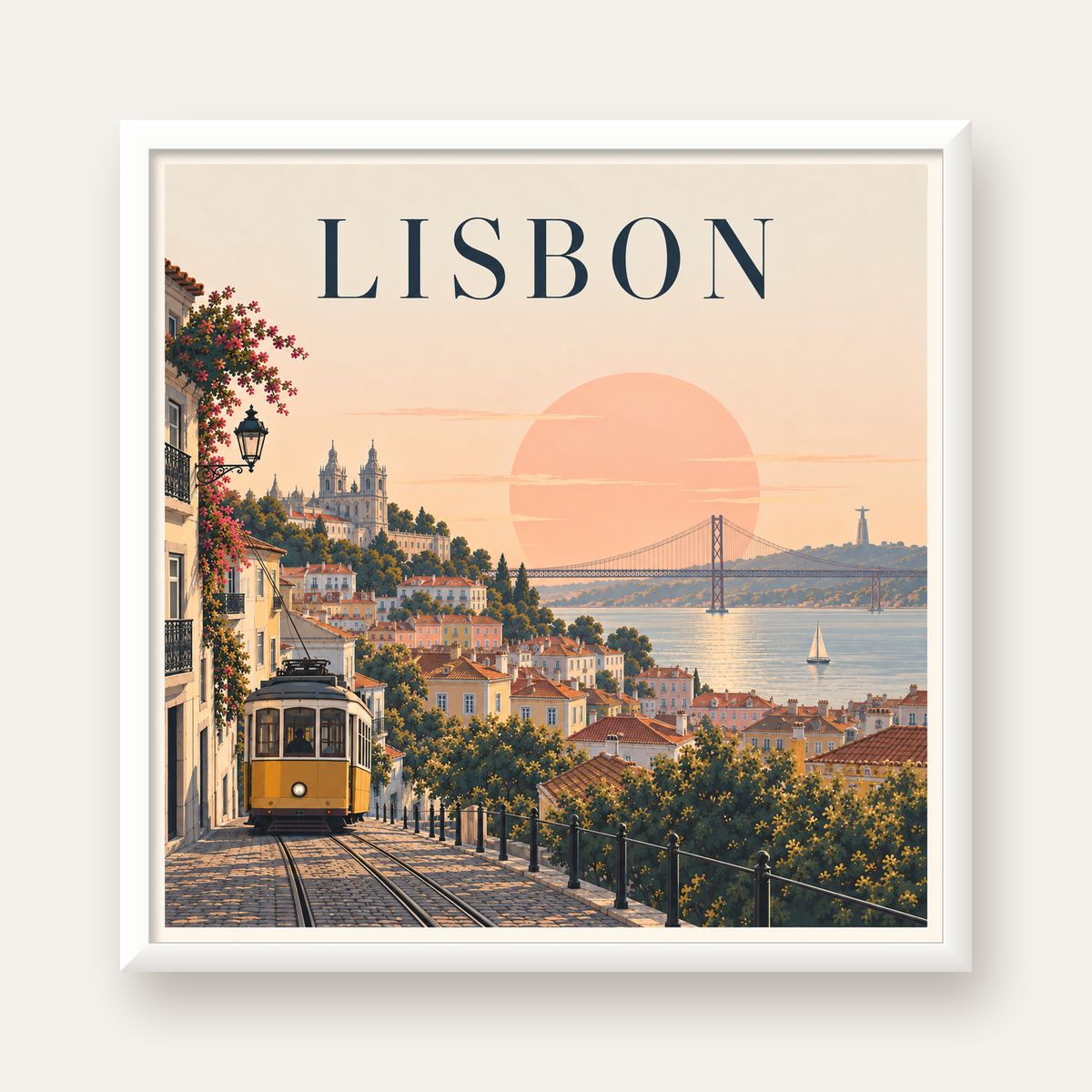 Lizbon Şehir Manzaralı Renkli Romantik Tramvay Poster — beyaz çerçeveli kare poster
