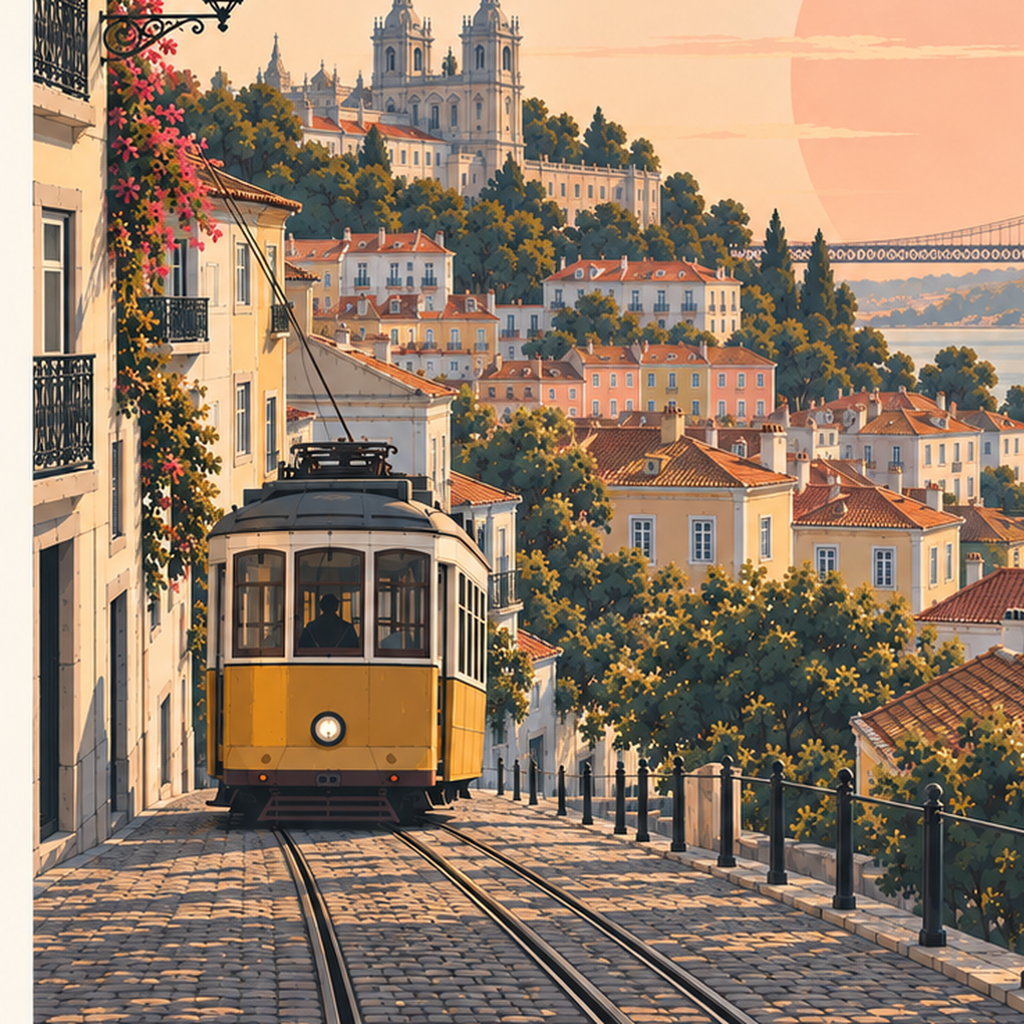Lizbon Şehir Manzaralı Renkli Romantik Tramvay Poster — baskının yakın çekimi, kâğıt dokusu ve renk detayı