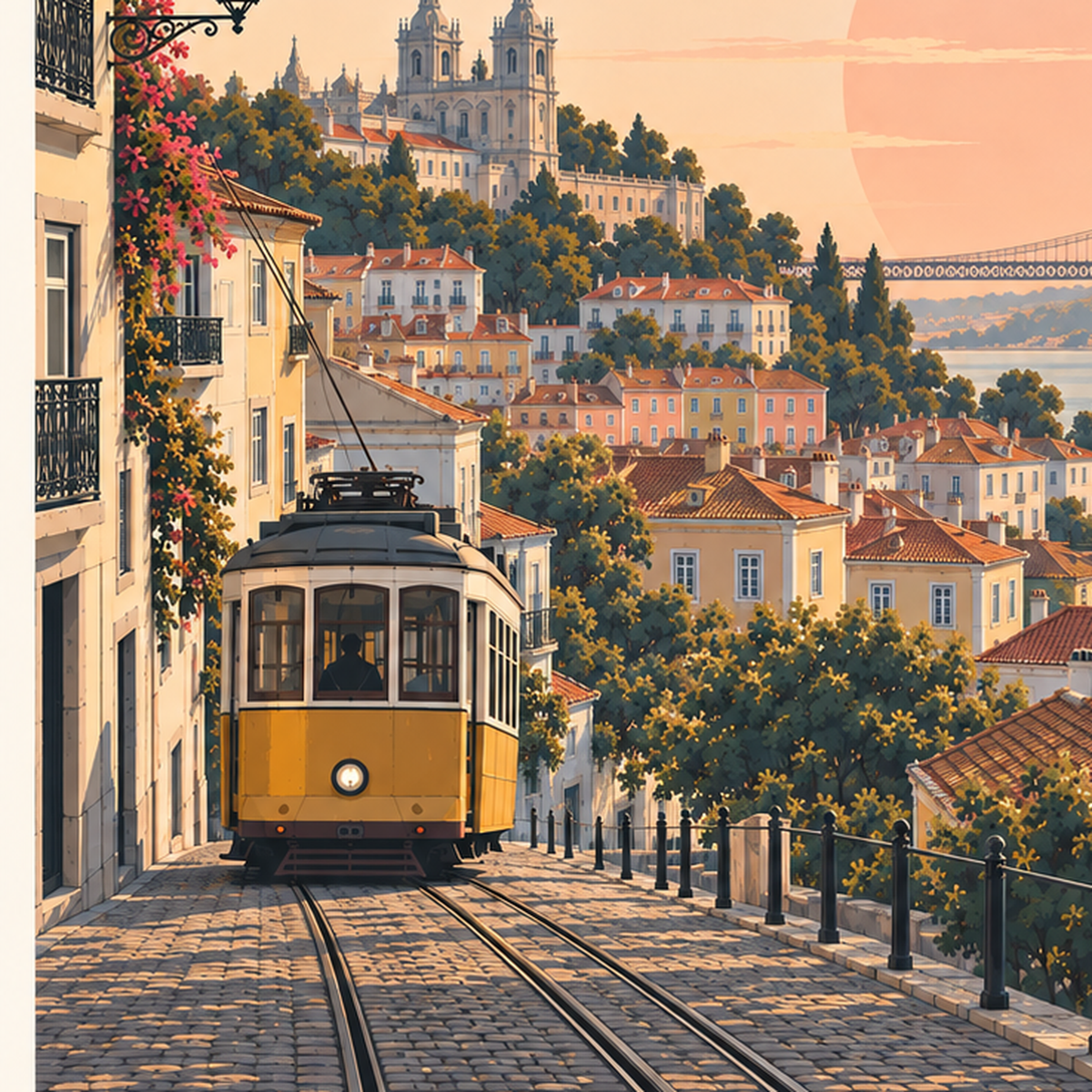 Lizbon Şehir Manzaralı Renkli Romantik Tramvay Poster — baskının yakın çekimi, kâğıt dokusu ve renk detayı