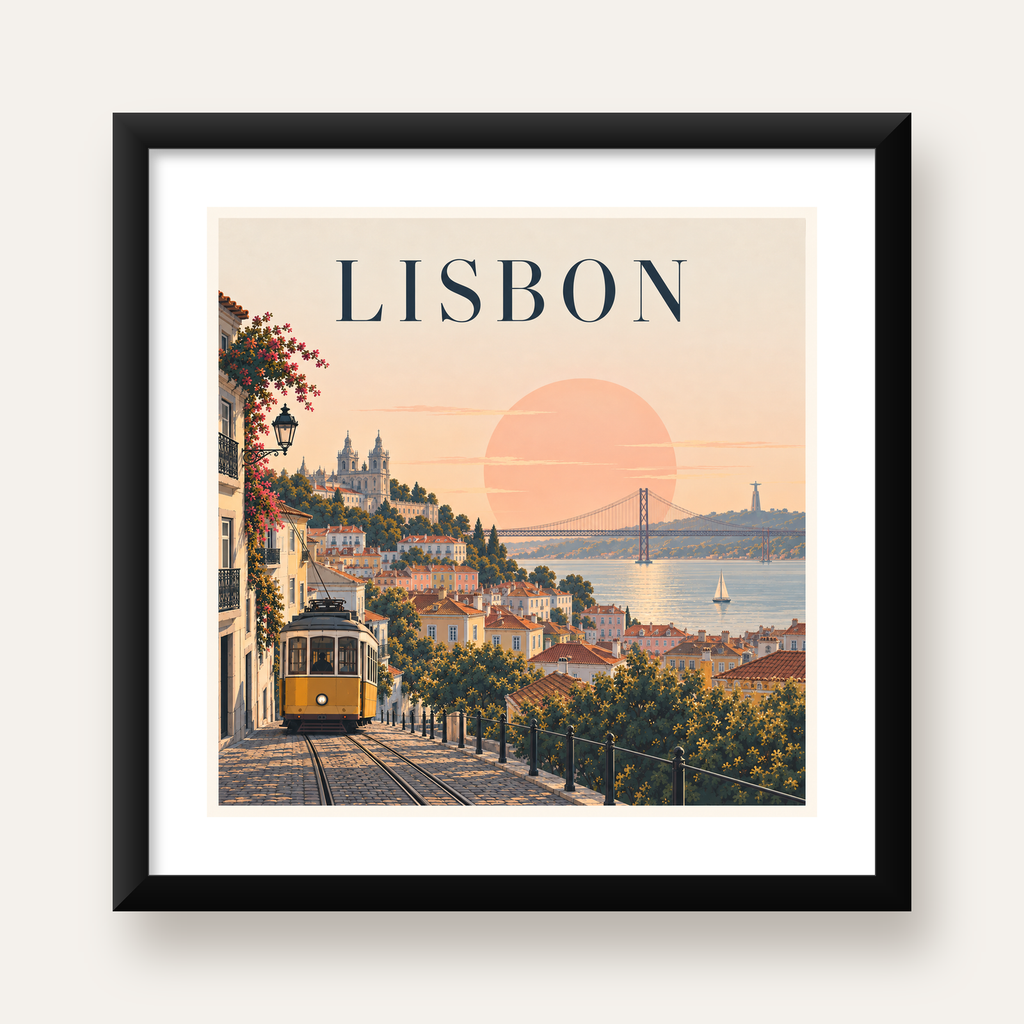 Lizbon Şehir Manzaralı Renkli Romantik Tramvay Poster — Kare baskı, beyaz paspartulu