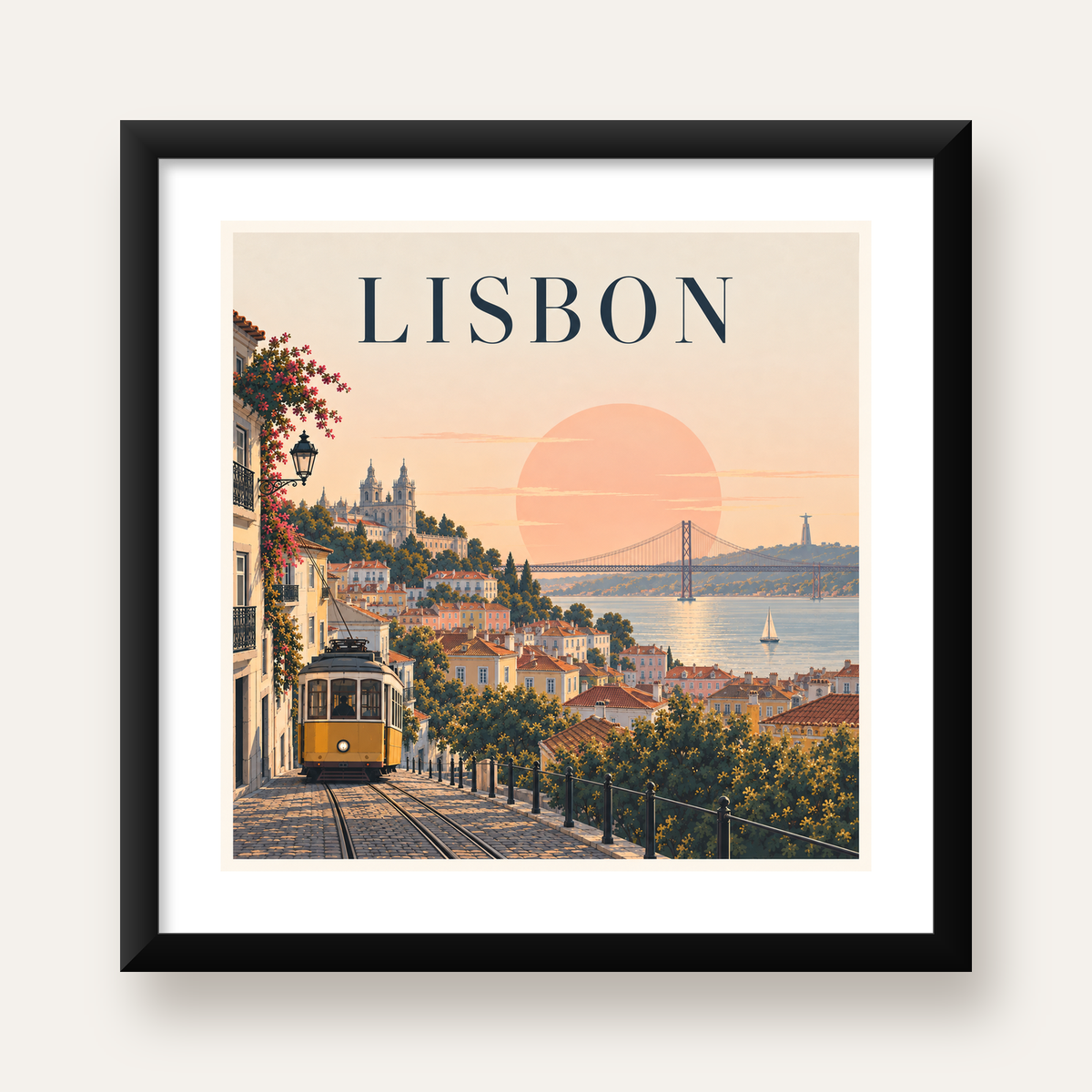 Lizbon Şehir Manzaralı Renkli Romantik Tramvay Poster — Kare baskı, beyaz paspartulu