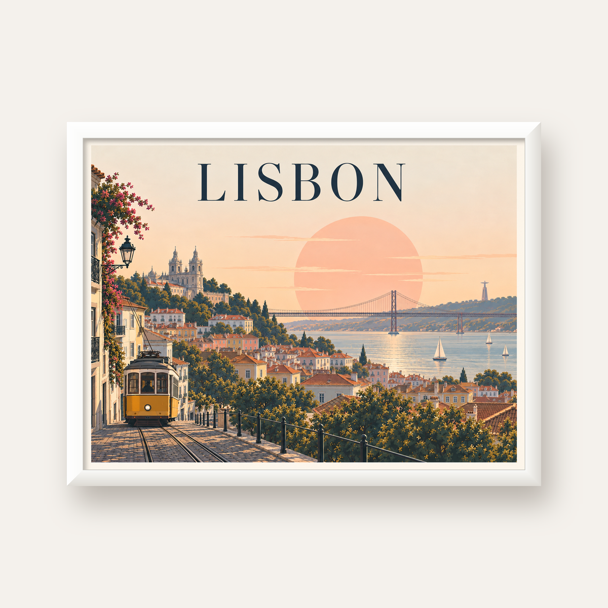 Lizbon Şehir Manzaralı Renkli Romantik Tramvay Poster — beyaz çerçeveli yatay poster