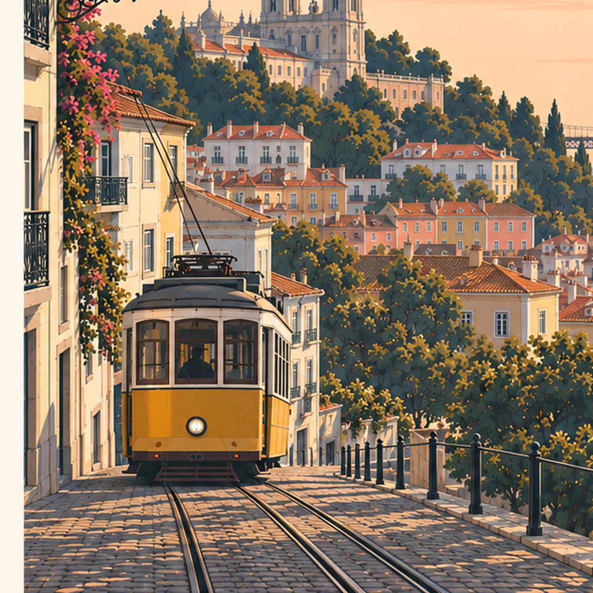 Lizbon Şehir Manzaralı Renkli Romantik Tramvay Poster — baskının yakın çekimi, kâğıt dokusu ve renk detayı