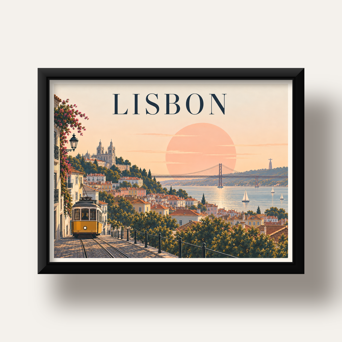 Lizbon Şehir Manzaralı Renkli Romantik Tramvay Poster — siyah derin çerçeveli