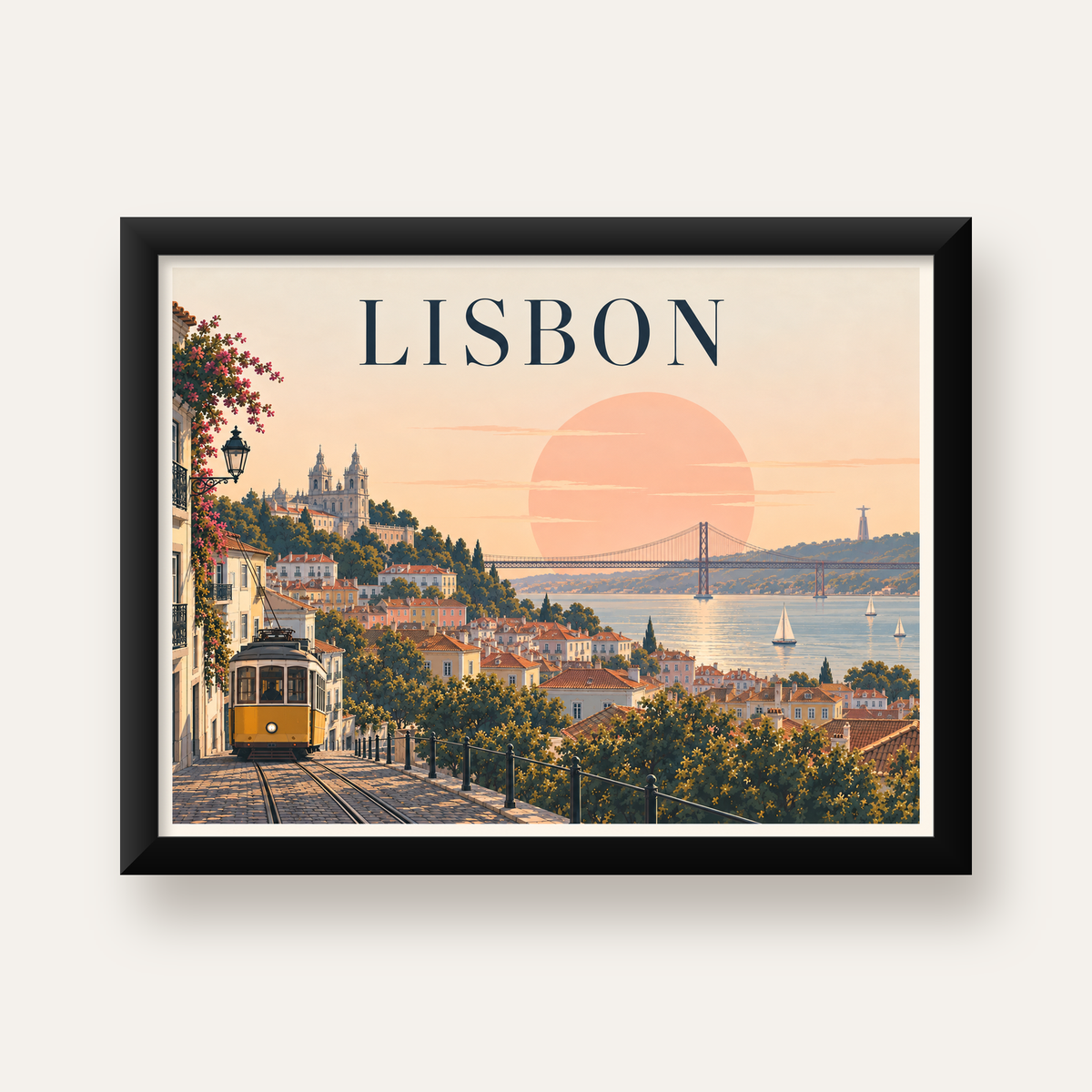 Lizbon Şehir Manzaralı Renkli Romantik Tramvay Poster — Yatay baskı, düz siyah çerçeveli duvar posteri