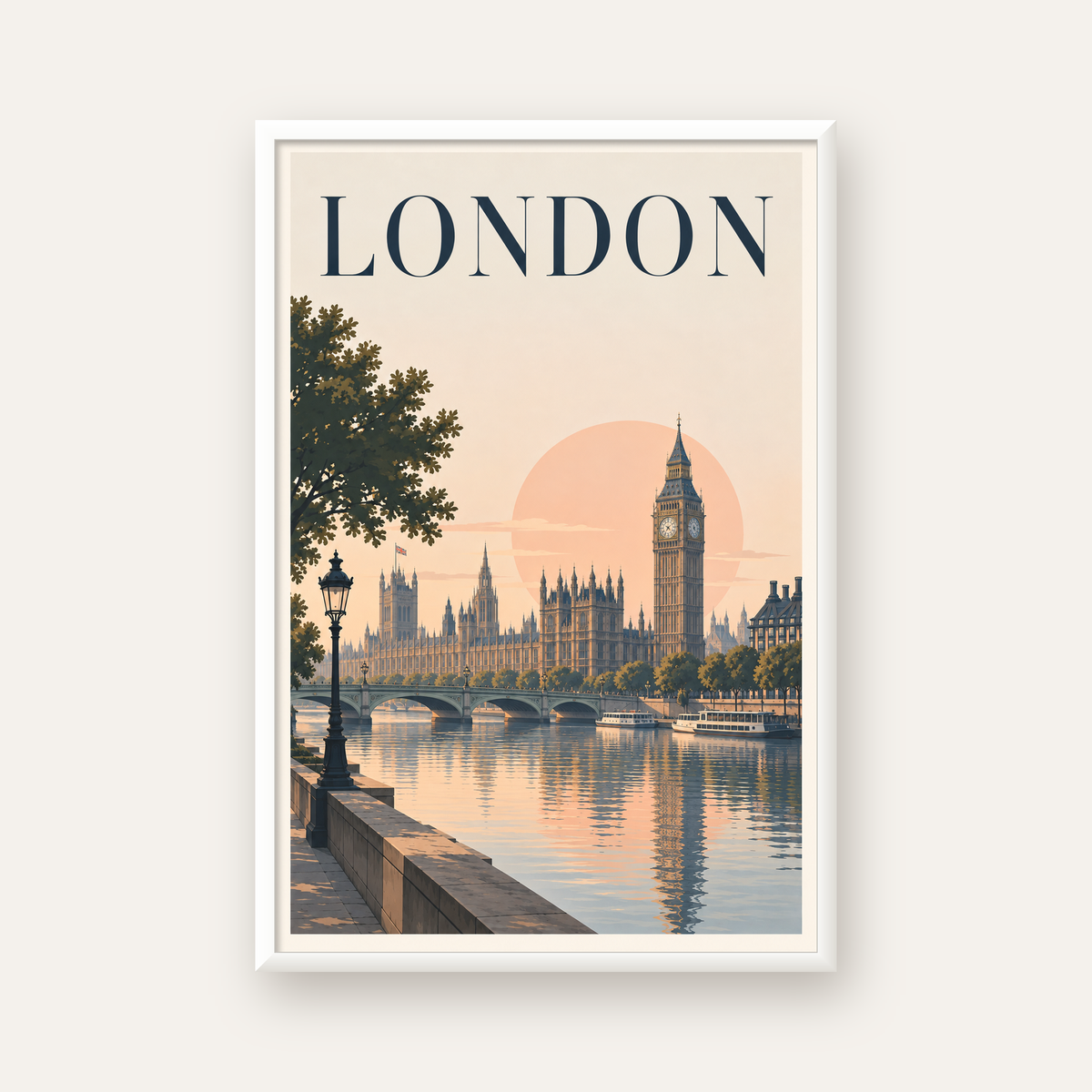 Londra Şehir Manzarası Pastel Dijital Poster – Büyük Britanya — beyaz çerçeveli dikey poster