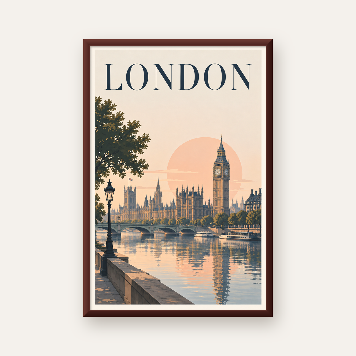 Londra Şehir Manzarası Pastel Dijital Poster – Büyük Britanya — ceviz çerçeveli