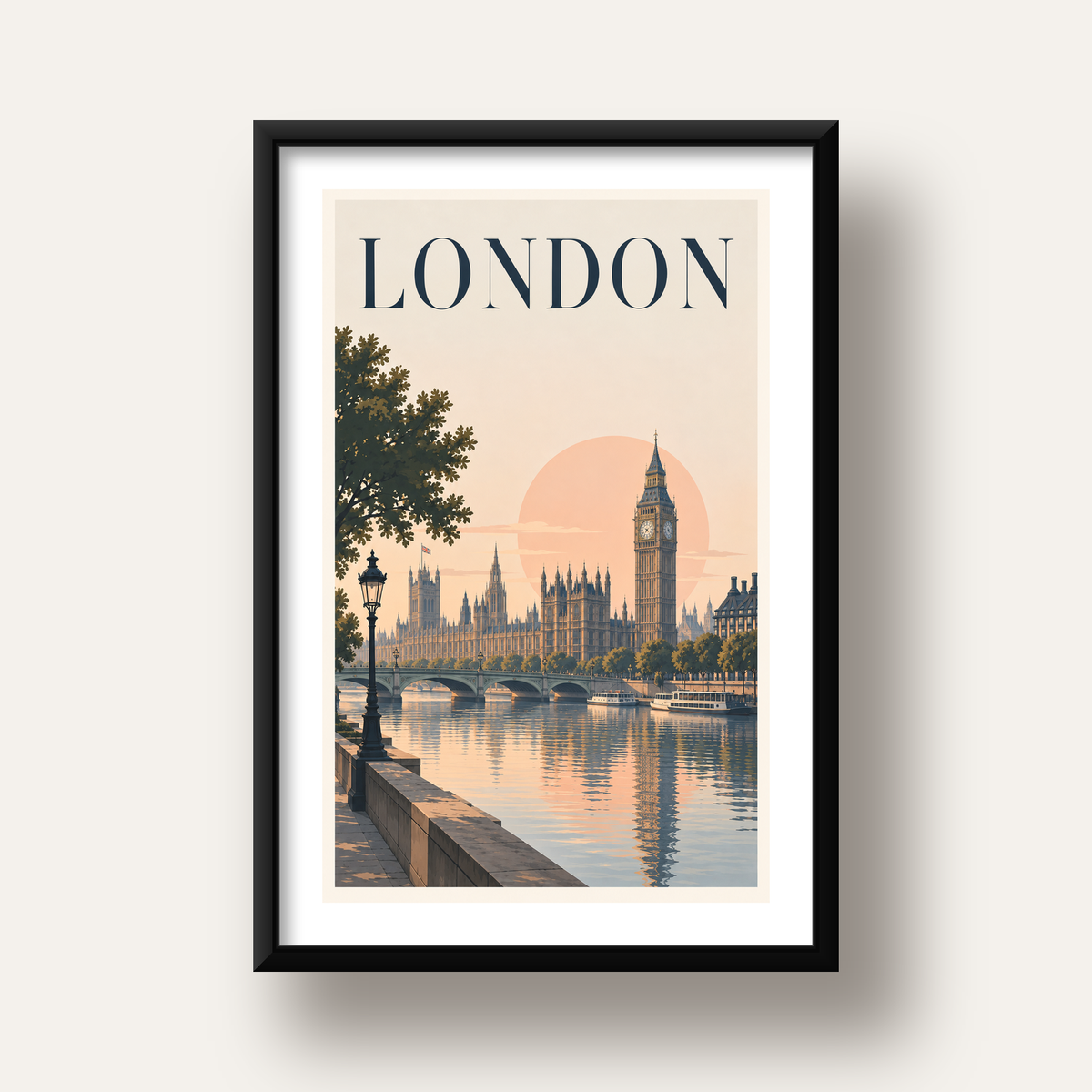 Londra Şehir Manzarası Pastel Dijital Poster – Büyük Britanya — siyah derin çerçeveli paspartulu