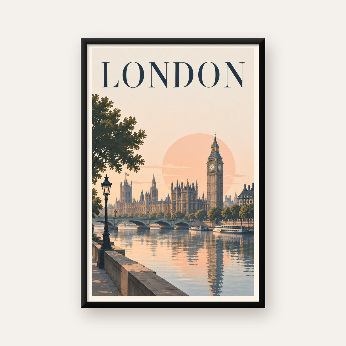 Londra Şehir Manzarası Pastel Dijital Poster – Büyük Britanya — Dikey baskı, düz siyah çerçeveli duvar posteri