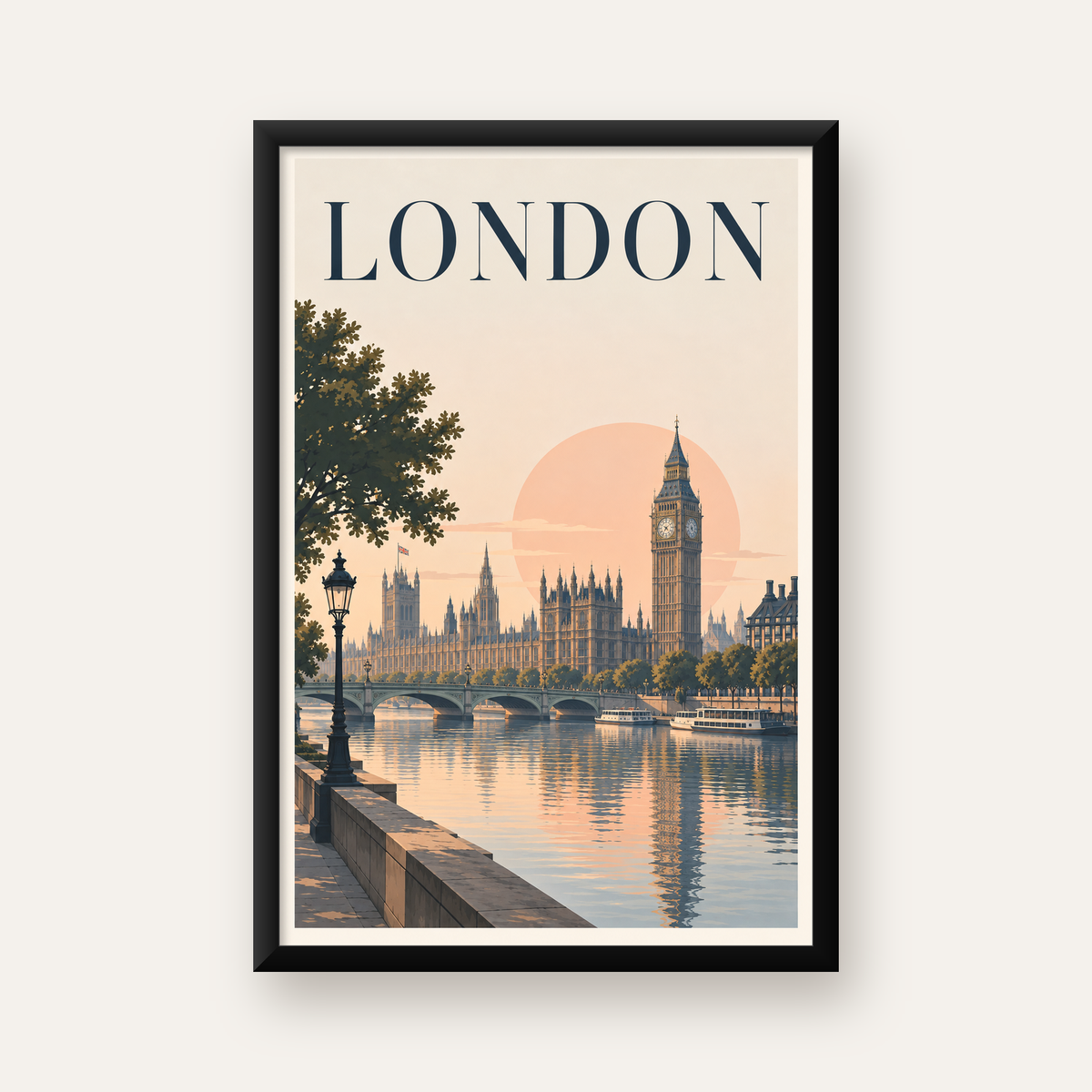 Londra Şehir Manzarası Pastel Dijital Poster – Büyük Britanya — Dikey baskı, düz siyah çerçeveli duvar posteri