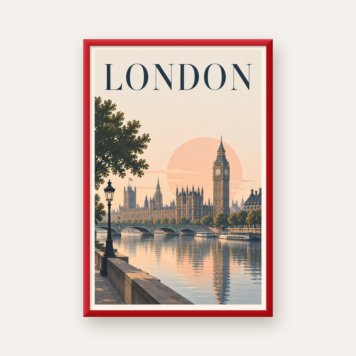 Londra Şehir Manzarası Pastel Dijital Poster – Büyük Britanya — kırmızı çerçeveli