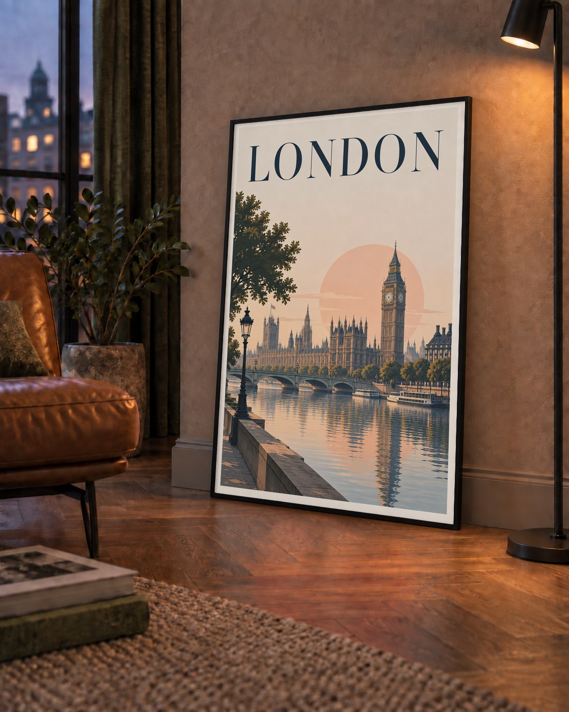 Londra Şehir Manzarası Pastel Dijital Poster – Büyük Britanya — çerçeveli hâliyle bir ev duvarında