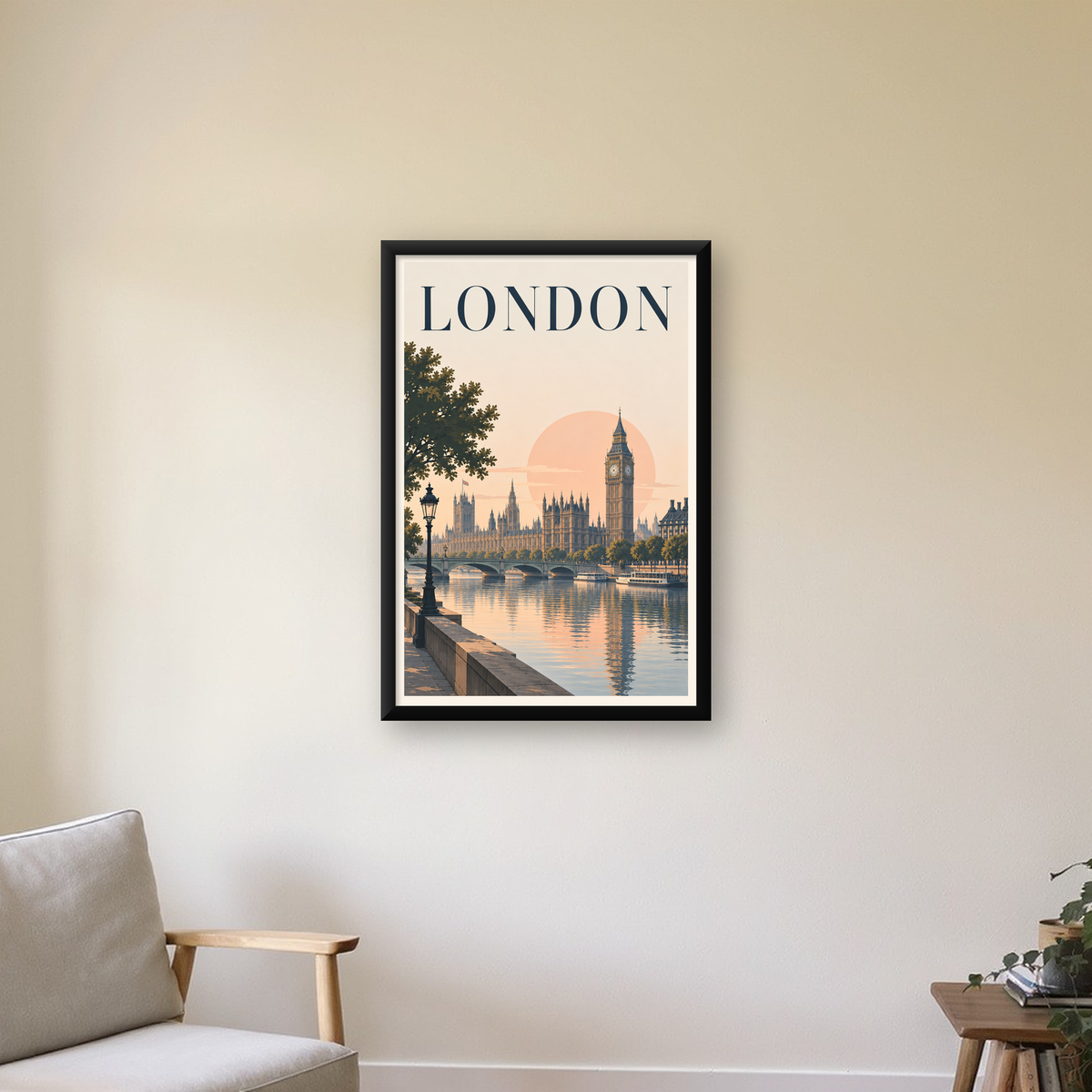Londra Şehir Manzarası Pastel Dijital Poster – Büyük Britanya — Dikey baskı, çerçeveli hâliyle bir ev duvarında
