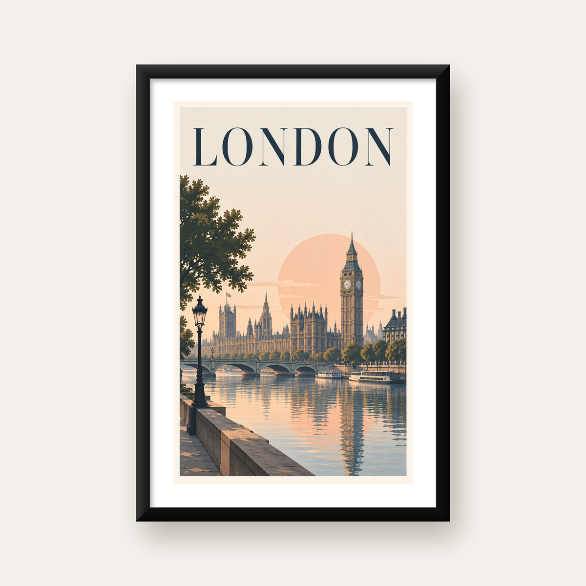 Londra Şehir Manzarası Pastel Dijital Poster – Büyük Britanya — Dikey baskı, beyaz paspartulu