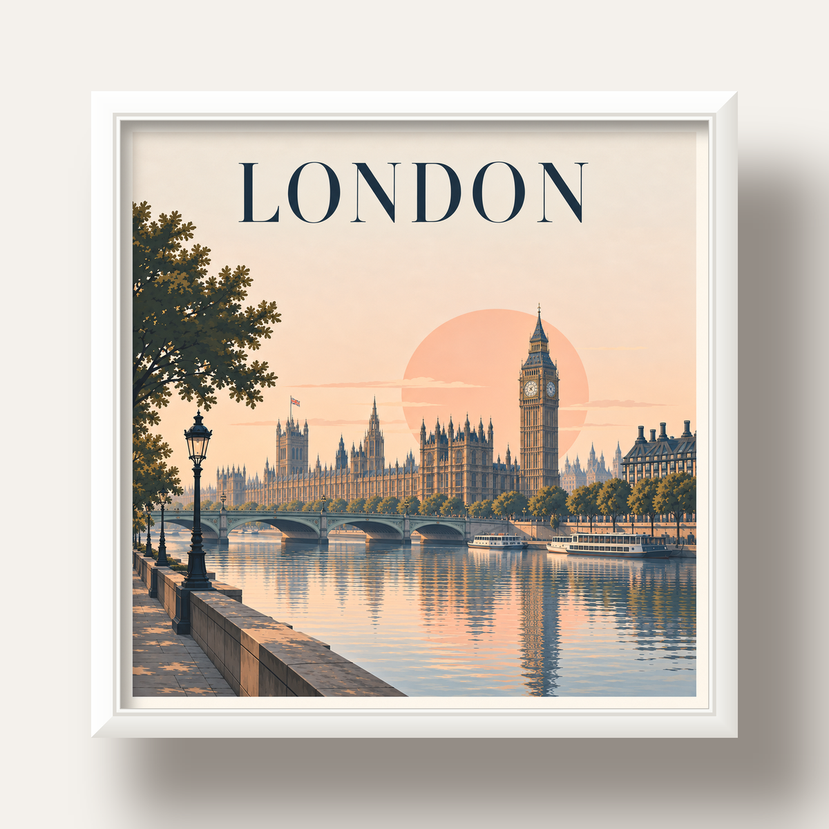 Londra Şehir Manzarası Pastel Dijital Poster – Büyük Britanya — beyaz derin çerçeveli