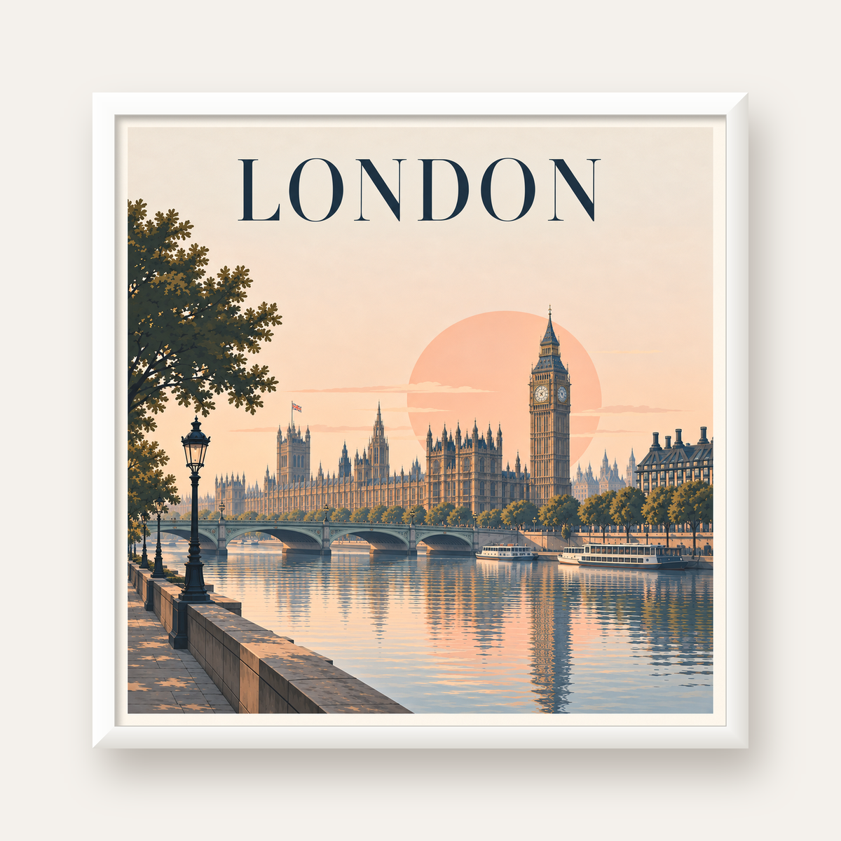 Londra Şehir Manzarası Pastel Dijital Poster – Büyük Britanya — beyaz çerçeveli kare poster