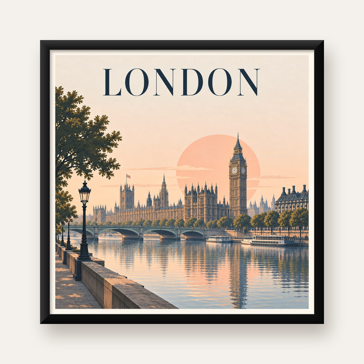 Londra Şehir Manzarası Pastel Dijital Poster – Büyük Britanya — Kare baskı, düz siyah çerçeveli duvar posteri