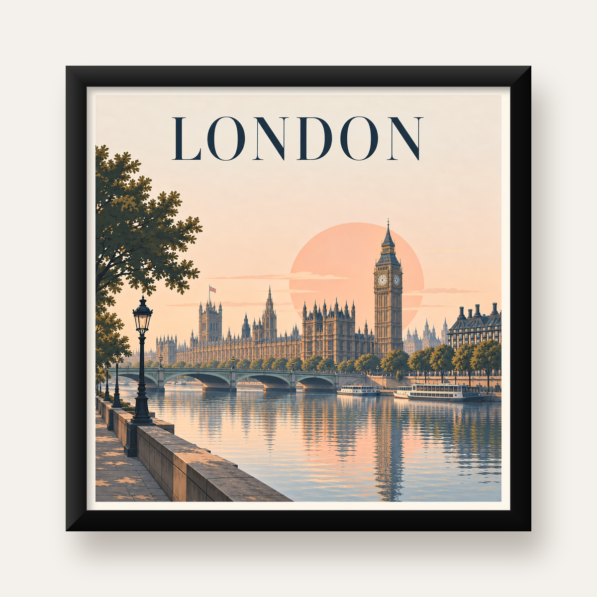 Londra Şehir Manzarası Pastel Dijital Poster – Büyük Britanya — Kare baskı, düz siyah çerçeveli duvar posteri