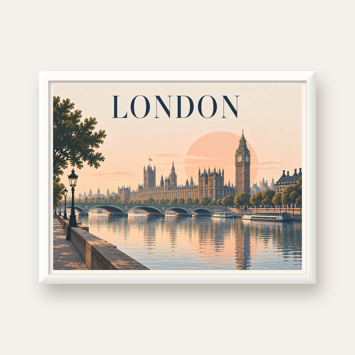 Londra Şehir Manzarası Pastel Dijital Poster – Büyük Britanya — beyaz çerçeveli yatay poster