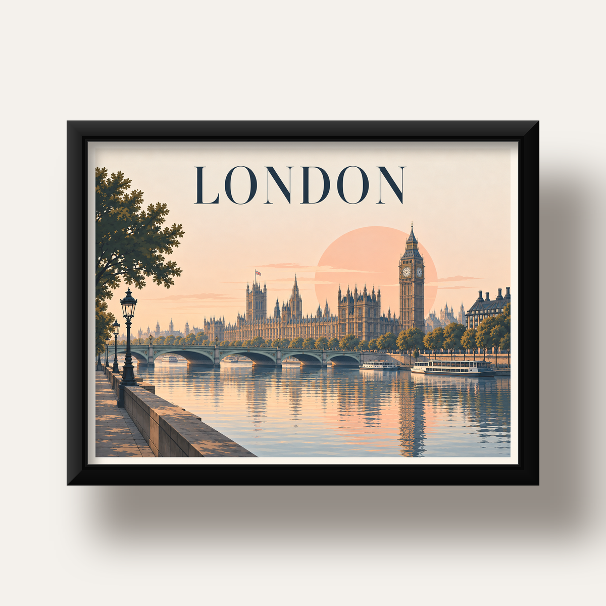 Londra Şehir Manzarası Pastel Dijital Poster – Büyük Britanya — siyah derin çerçeveli