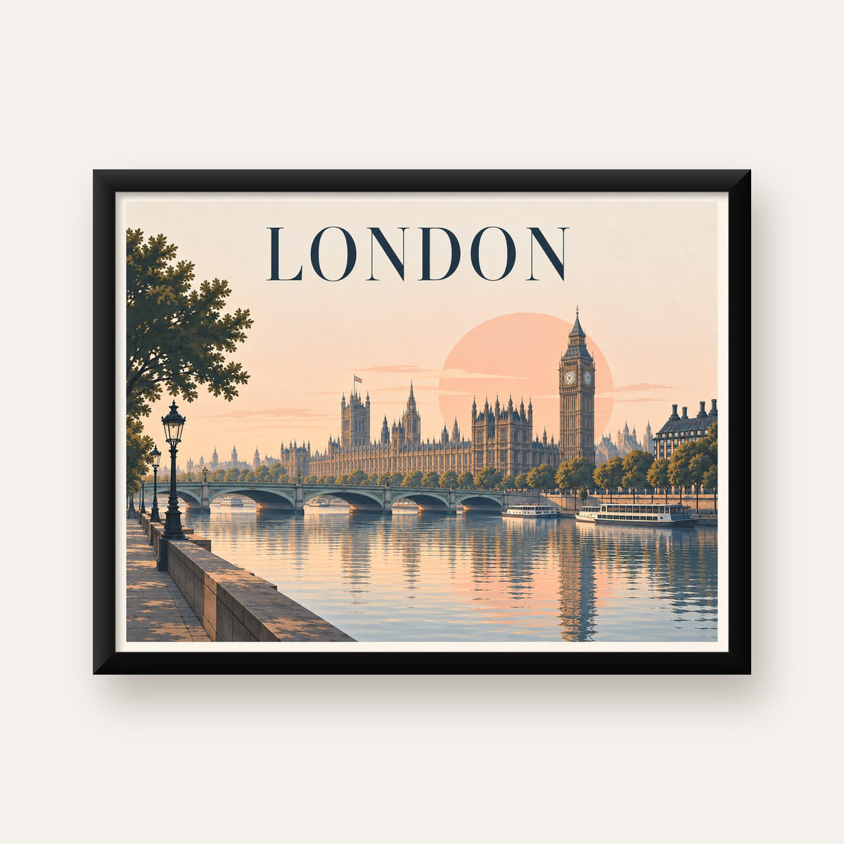 Londra Şehir Manzarası Pastel Dijital Poster – Büyük Britanya — Yatay baskı, düz siyah çerçeveli duvar posteri