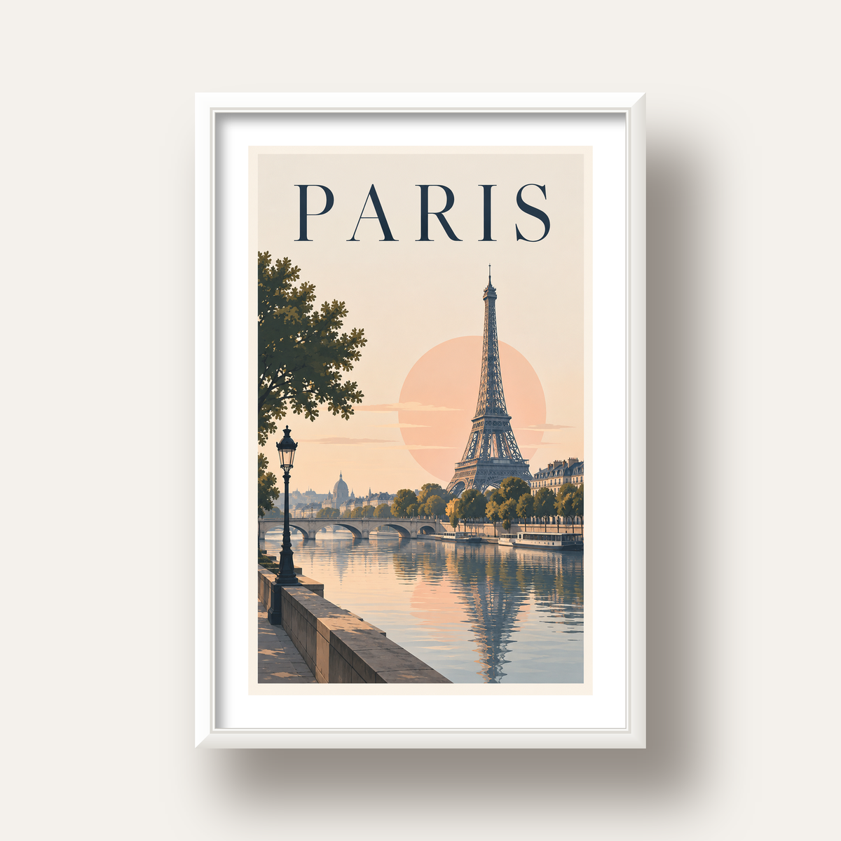 Paris Manzarası Pastel Retro Dijital Poster - Şık Duvar Dekoru — beyaz derin çerçeveli paspartulu