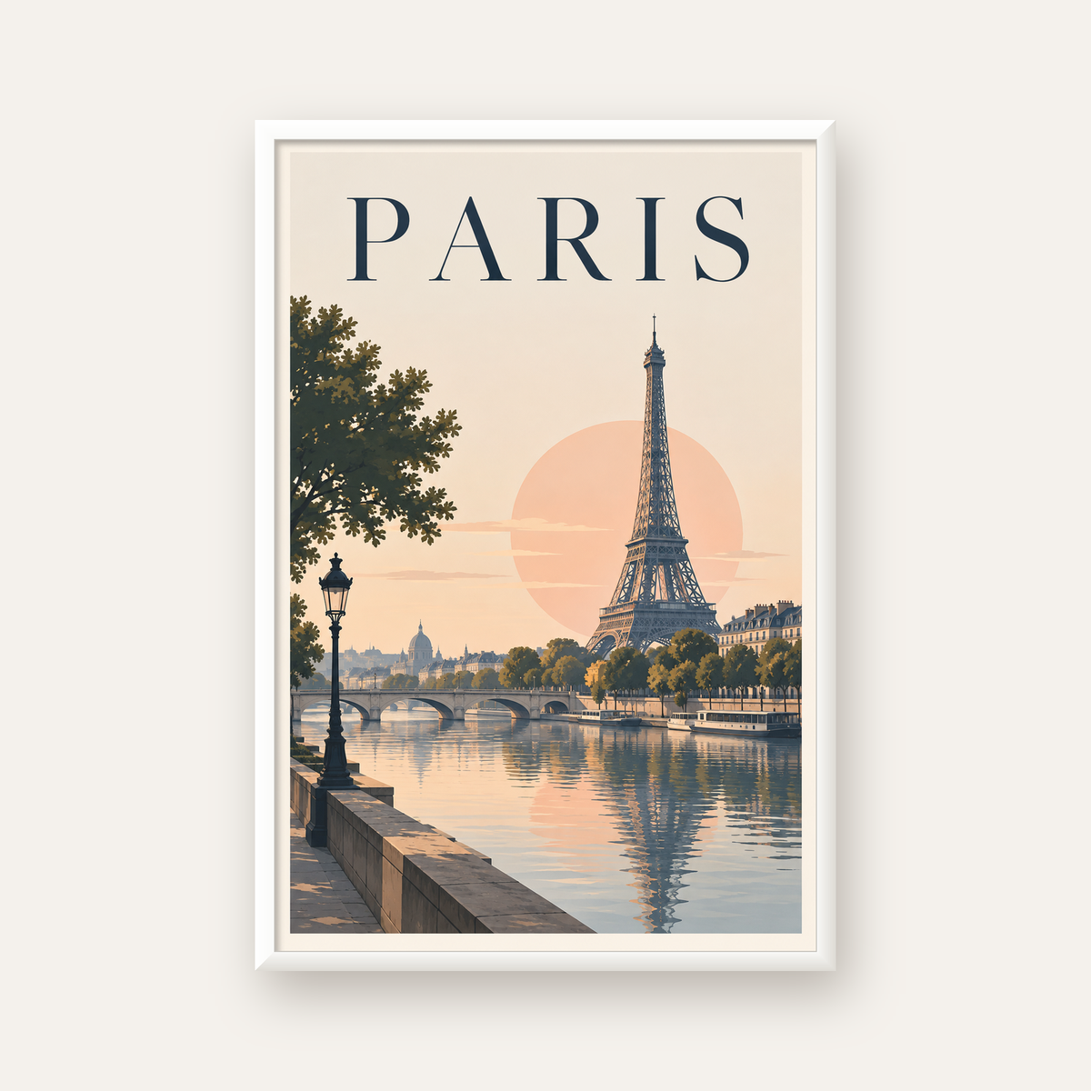 Paris Manzarası Pastel Retro Dijital Poster - Şık Duvar Dekoru — beyaz çerçeveli dikey poster