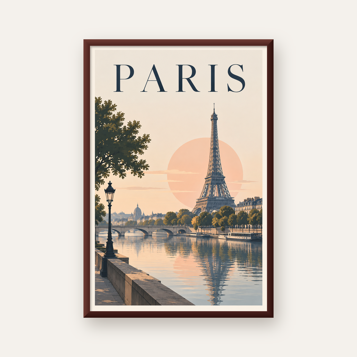 Paris Manzarası Pastel Retro Dijital Poster - Şık Duvar Dekoru — ceviz çerçeveli