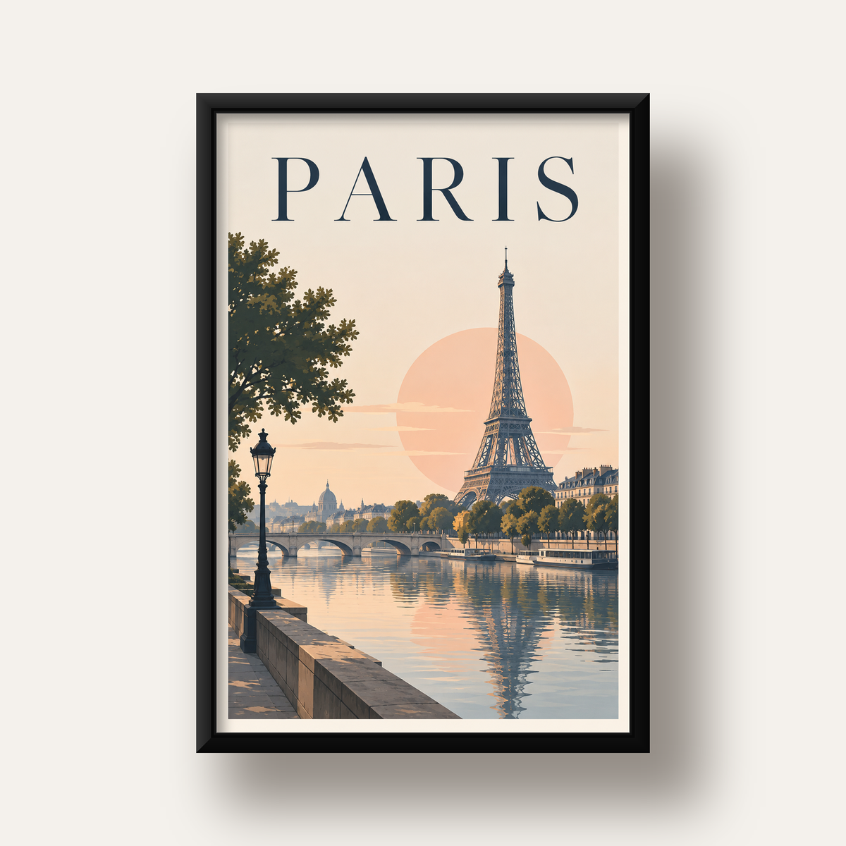 Paris Manzarası Pastel Retro Dijital Poster - Şık Duvar Dekoru — siyah derin çerçeveli