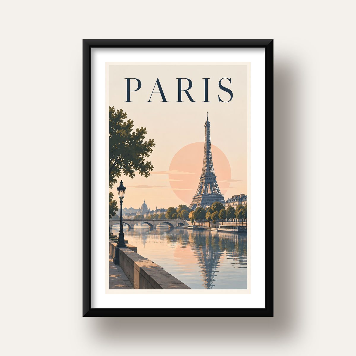 Paris Manzarası Pastel Retro Dijital Poster - Şık Duvar Dekoru — siyah derin çerçeveli paspartulu