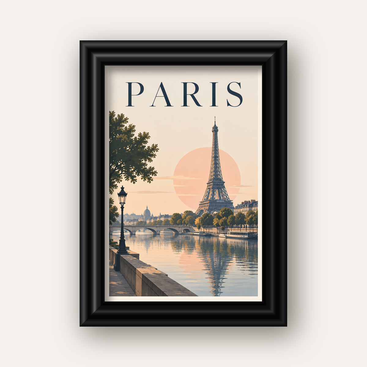 Paris Manzarası Pastel Retro Dijital Poster - Şık Duvar Dekoru — siyah galeri çerçeveli