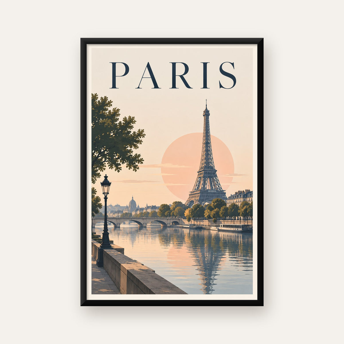 Paris Manzarası Pastel Retro Dijital Poster - Şık Duvar Dekoru — Dikey baskı, düz siyah çerçeveli duvar posteri
