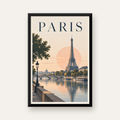 Paris Manzarası Pastel Retro Dijital Poster - Şık Duvar Dekoru — Dikey baskı, düz siyah çerçeveli duvar posteri