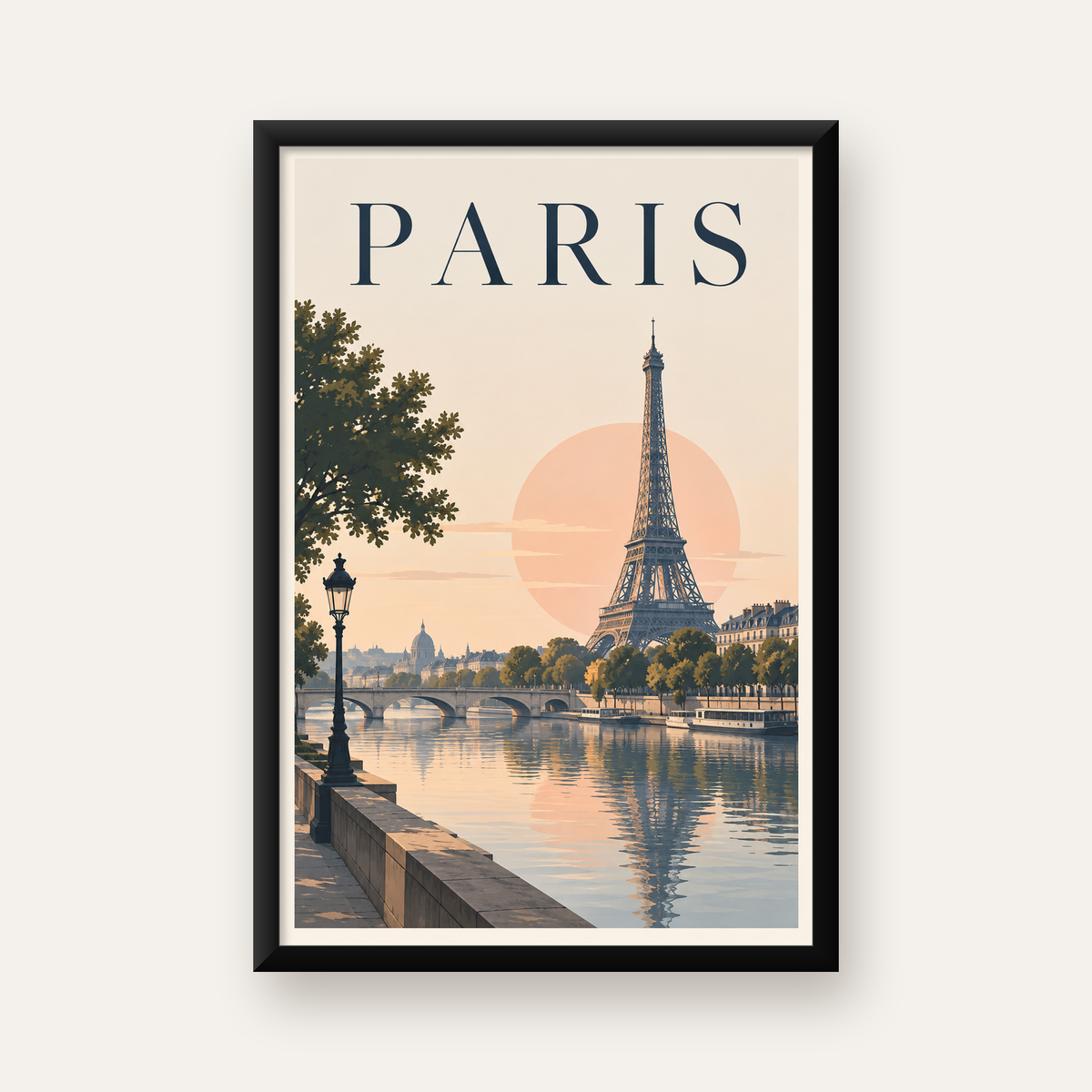 Paris Manzarası Pastel Retro Dijital Poster - Şık Duvar Dekoru — Dikey baskı, düz siyah çerçeveli duvar posteri