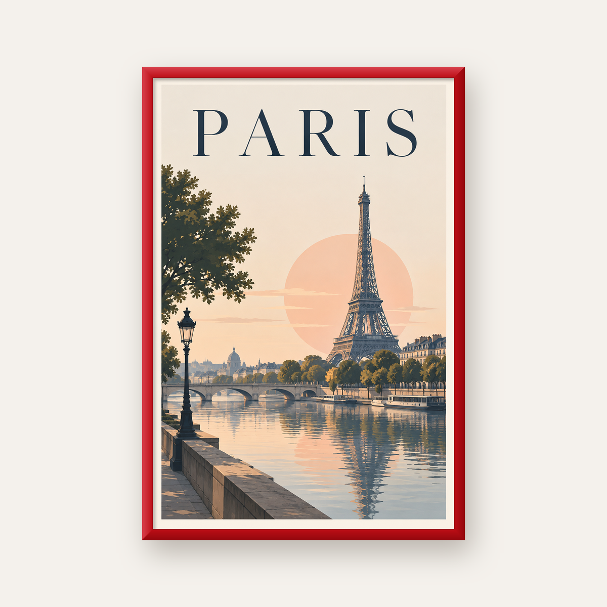 Paris Manzarası Pastel Retro Dijital Poster - Şık Duvar Dekoru — kırmızı çerçeveli