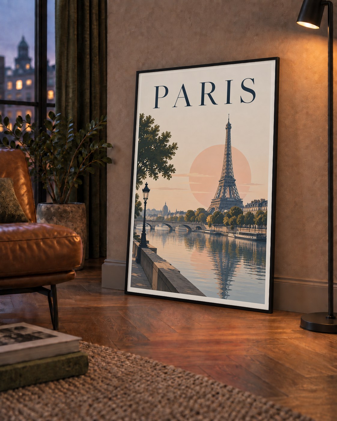 Paris Manzarası Pastel Retro Dijital Poster - Şık Duvar Dekoru — çerçeveli hâliyle bir ev duvarında