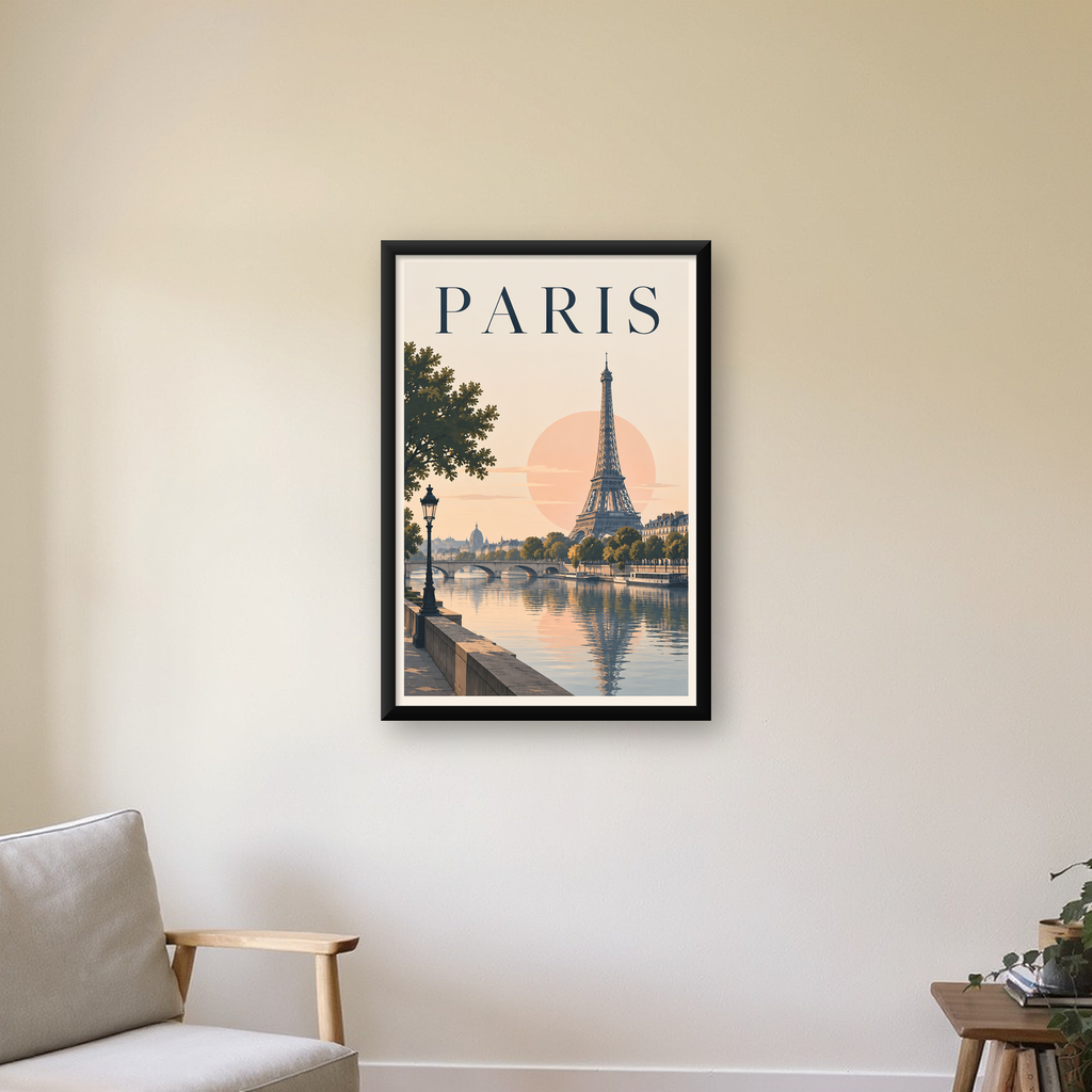 Paris Manzarası Pastel Retro Dijital Poster - Şık Duvar Dekoru — Dikey baskı, çerçeveli hâliyle bir ev duvarında