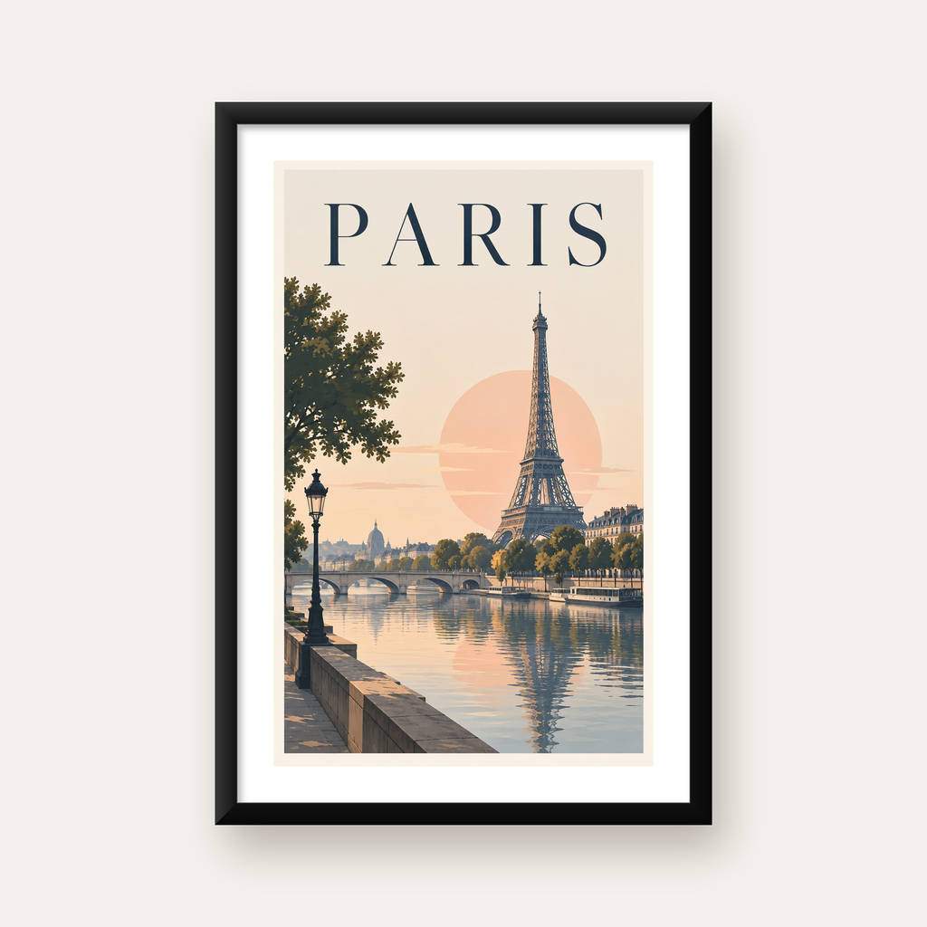 Paris Manzarası Pastel Retro Dijital Poster - Şık Duvar Dekoru — Dikey baskı, beyaz paspartulu
