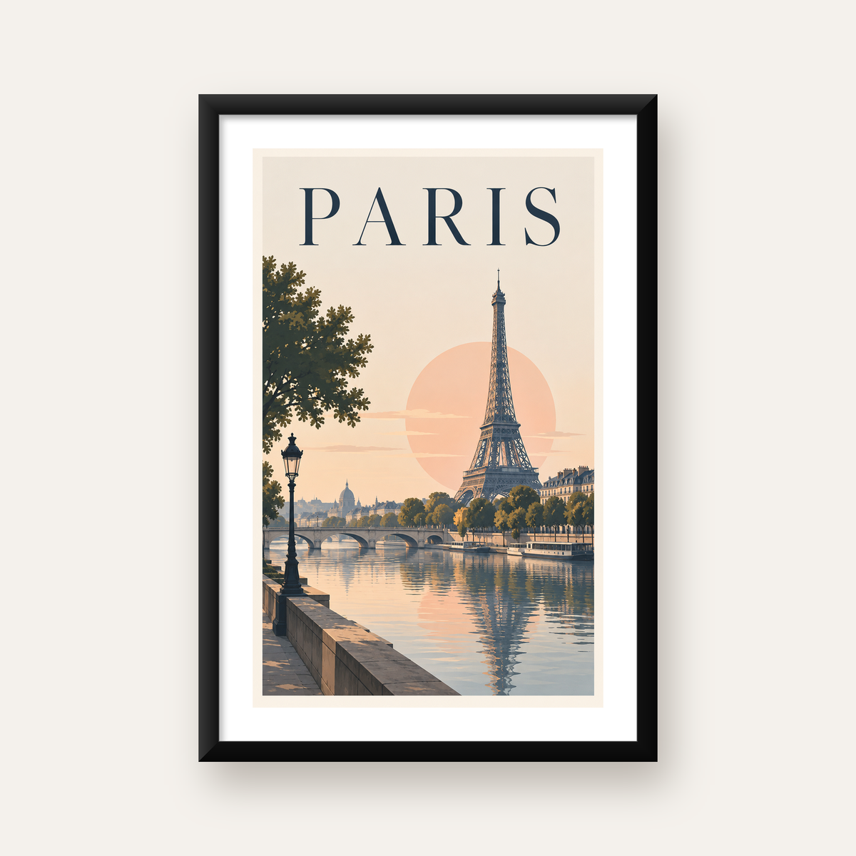 Paris Manzarası Pastel Retro Dijital Poster - Şık Duvar Dekoru — Dikey baskı, beyaz paspartulu