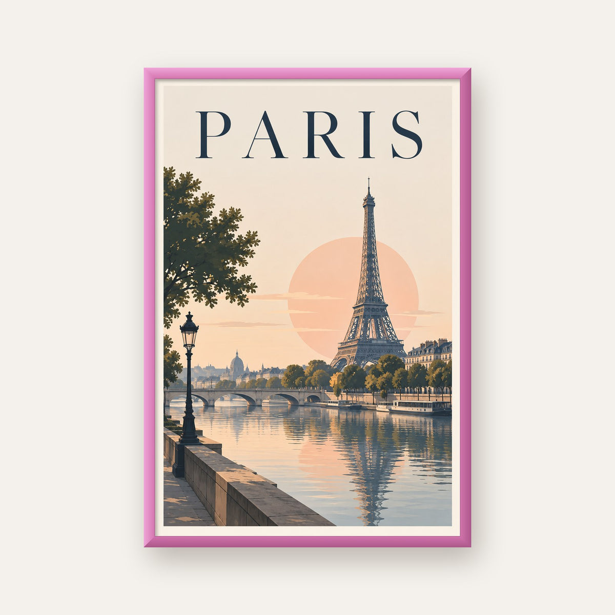 Paris Manzarası Pastel Retro Dijital Poster - Şık Duvar Dekoru — pembe çerçeveli