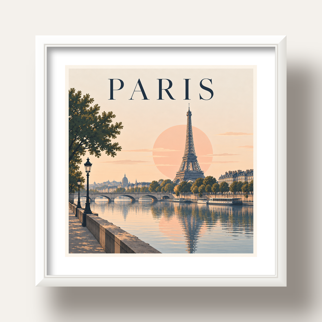 Paris Manzarası Pastel Retro Dijital Poster - Şık Duvar Dekoru — beyaz derin çerçeveli paspartulu