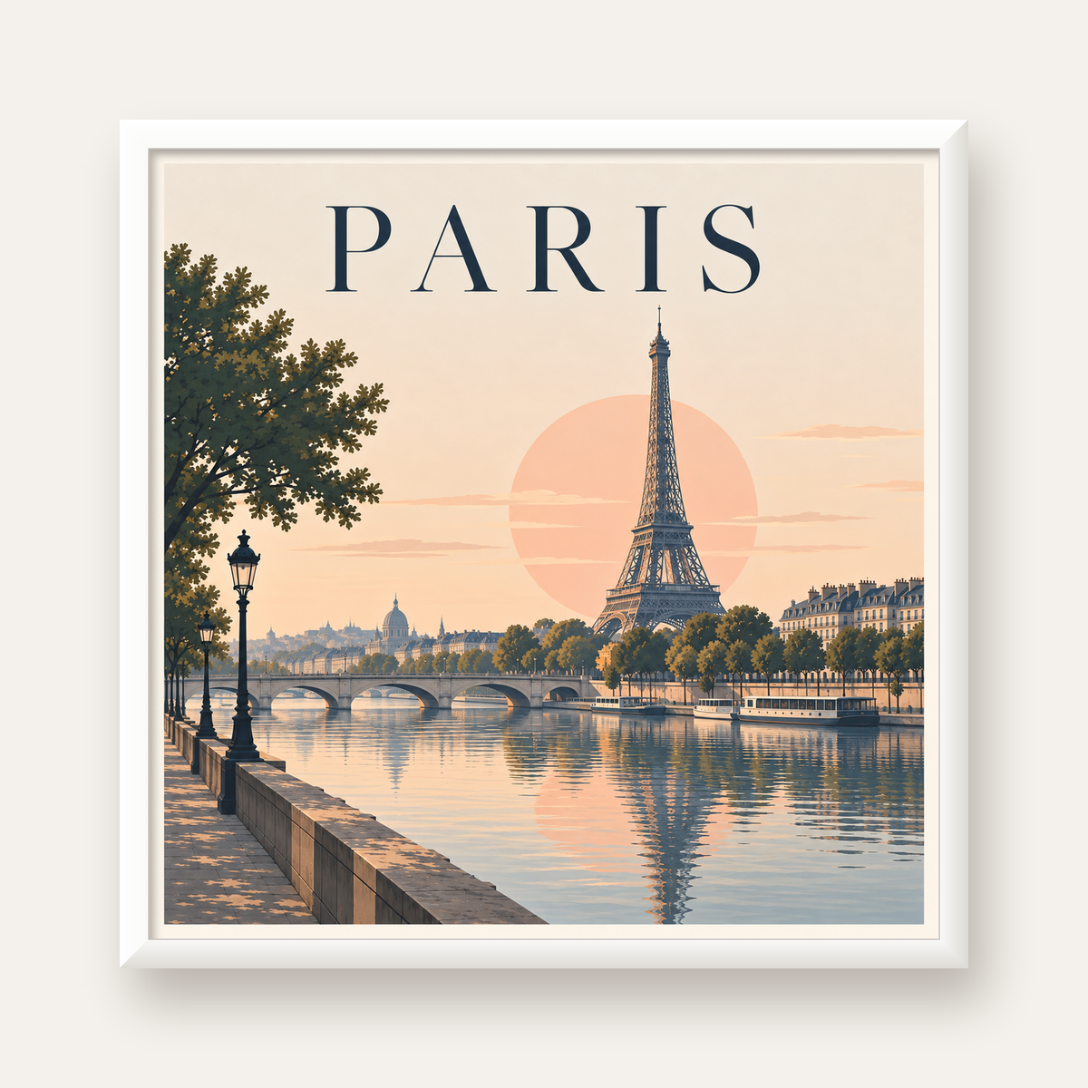 Paris Manzarası Pastel Retro Dijital Poster - Şık Duvar Dekoru — beyaz çerçeveli kare poster